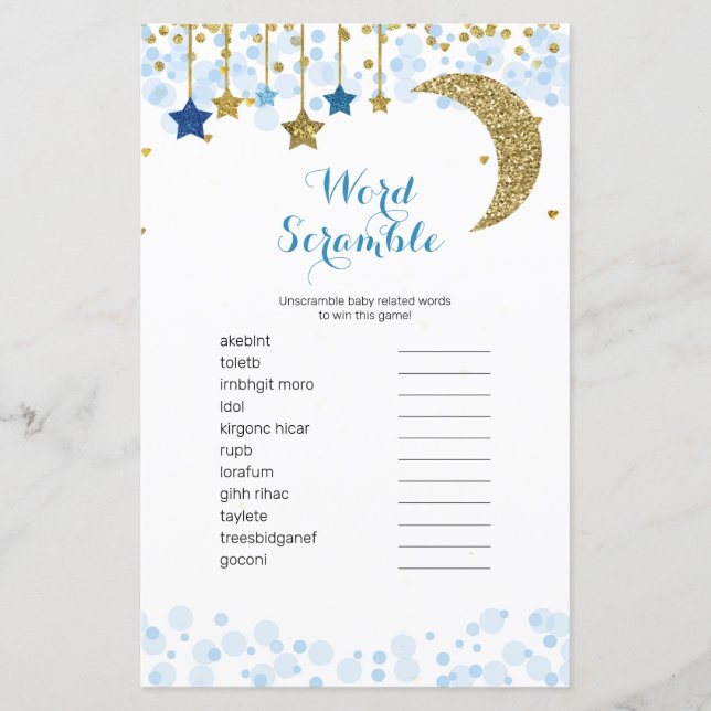 Gold blue moon Watercolor Word Scramble Game, (Front)
