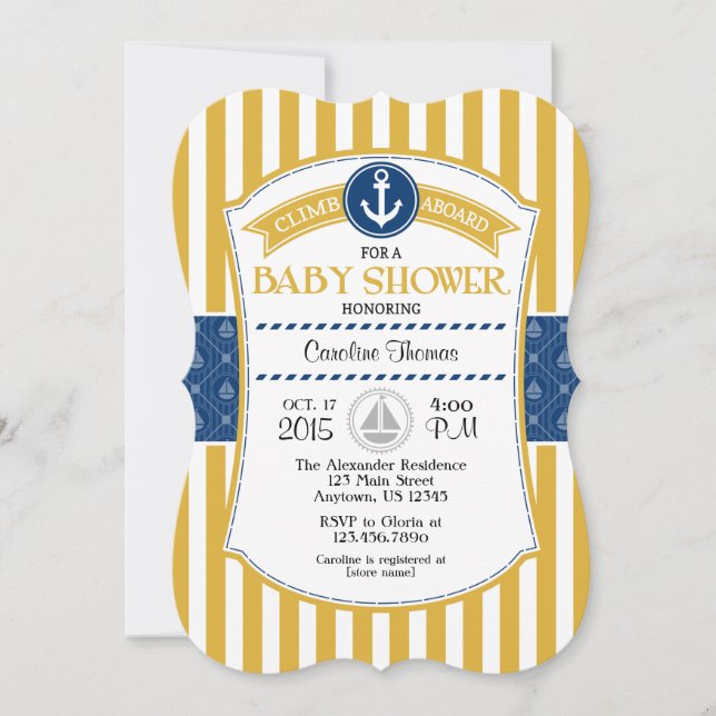 Gold Blue Nautical Baby Shower Invitation (Front)