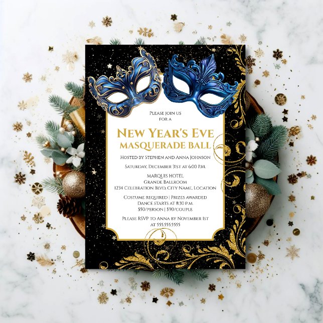 Gold Blue New Year's Eve Masquerade Ball Invitation (Set the tone for a memorable NYE celebration by inviting your guests with this elegant invitation.)