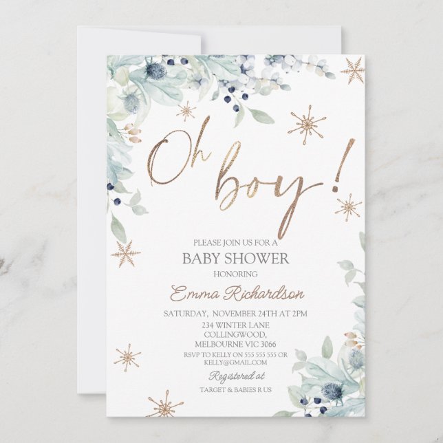 Gold Blue Oh Boy Little Snowflake Baby Shower Invitation (Front)