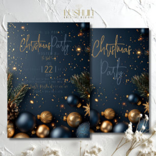 Gold Blue Ornament with Greenery Holiday Christmas Invitation