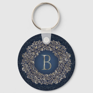 Gold Blue Ornate B Fancy Damask Monogram Key Ring