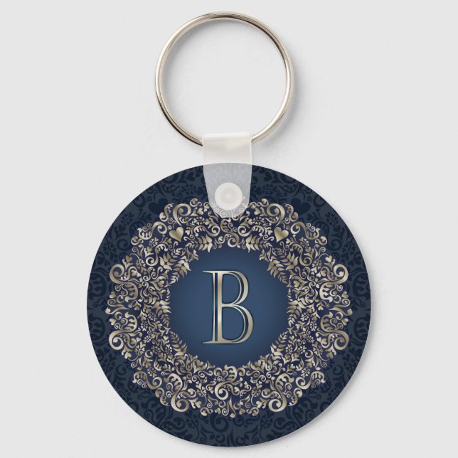 Gold Blue Ornate B Fancy Damask Monogram  Key Ring (Front)
