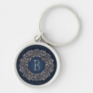 Gold Blue Ornate B Fancy Damask Monogram Key Ring