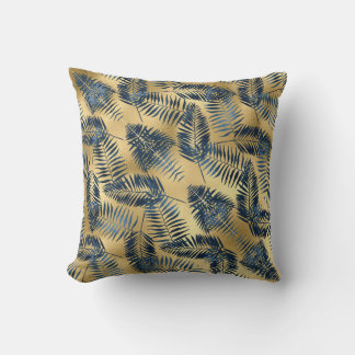 Gold Blue Palm Leaf Throw Pillow