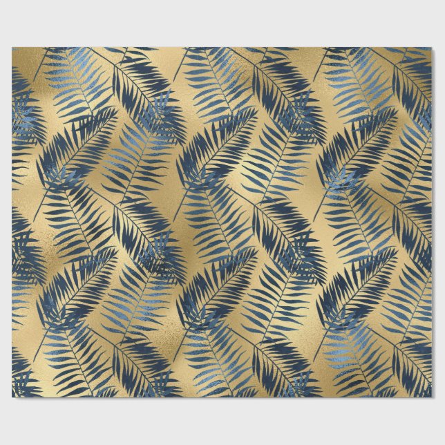 Gold Blue Palm Leaf Wrapping Paper  (Flat)