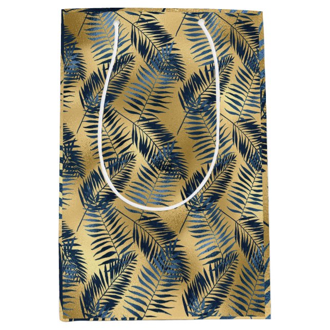 Gold Blue Palm Leaf Wrapping Paper  Medium Gift Bag (Front)