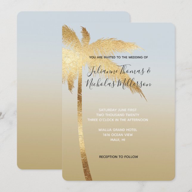 Gold Blue Palm Tree Ombre Wedding Invitation (Front/Back)