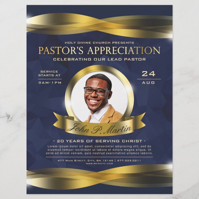 Gold & Blue Pastor's Appreciation Church Service  Flyer (Front)