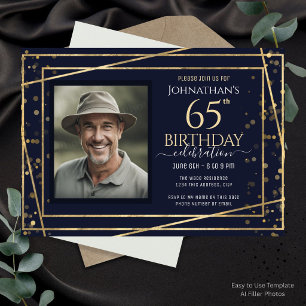 Gold Blue Photo 65th Birthday Party Invitation