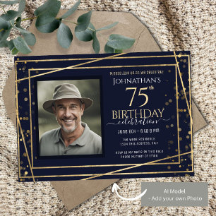 Gold Blue Photo 75th Birthday Party Invitation