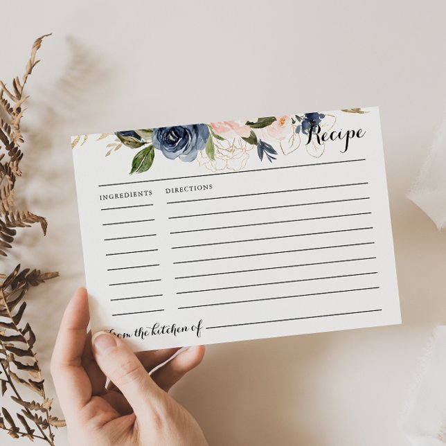 Gold Blue Pink Floral Bridal Shower Recipe Card (Creator Uploaded)