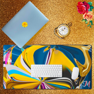 Gold Blue Pink Flower Monogram Liquified Abstract  Desk Mat