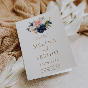 Gold Blue Pink Flowers Folded Wedding  Program