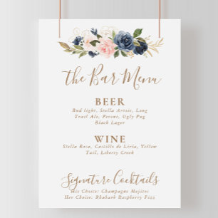 Gold Blue Pink Flowers Wedding Bar Menu  Poster