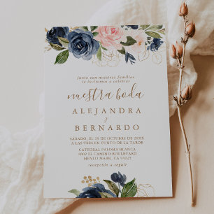 Gold Blue Pink Flowers Wedding Nuestra Boda Invitation
