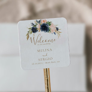 Gold Blue Pink Flowers Wedding Welcome  Square Sticker