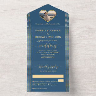 Gold & Blue Polka Dot Personalised wedding All In One Invitation