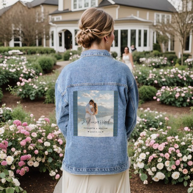 Gold & Blue Polka Dot Personalised wedding Denim Jacket (Wedding Back)