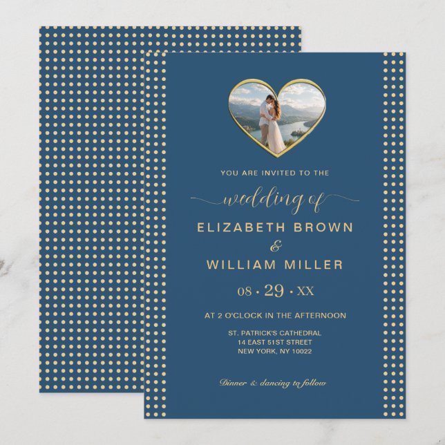 Gold & Blue Polka Dot Personalised wedding Invitation (Front/Back)