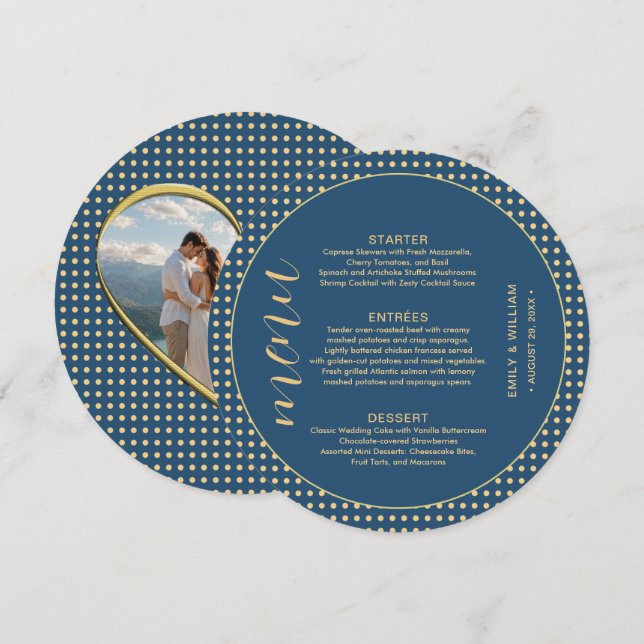 Gold & Blue Polka Dot Personalised wedding Menu (Front/Back)