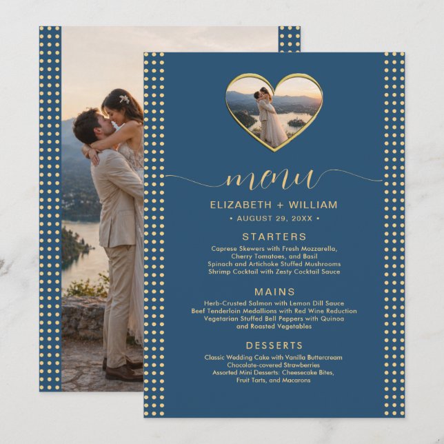 Gold & Blue Polka Dot Personalised wedding Menu (Front/Back)