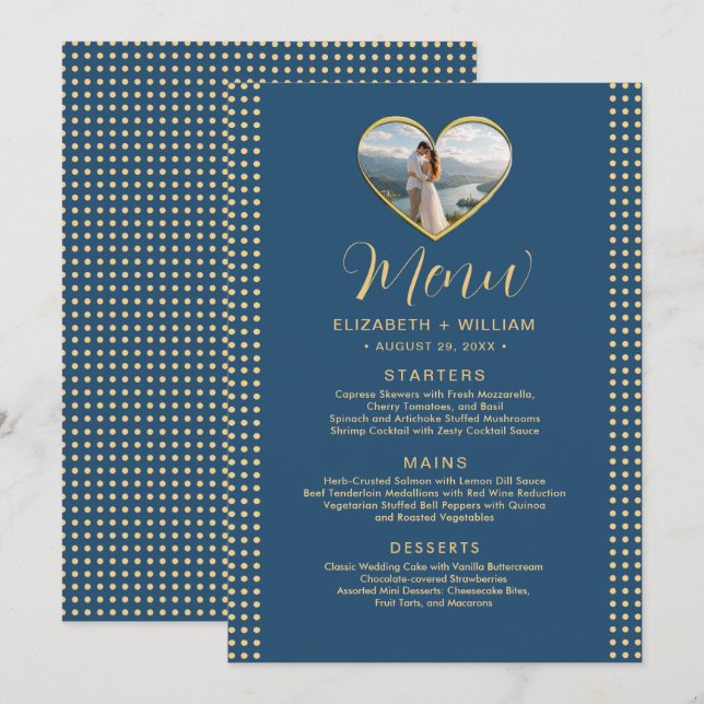 Gold & Blue Polka Dot Personalised wedding Menu (Front/Back)