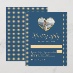 Gold & Blue Polka Dot Personalised wedding RSVP Card
