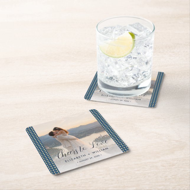 Gold & Blue Polka Dot Personalised wedding Square Paper Coaster (Insitu)