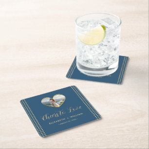 Gold & Blue Polka Dot Personalised wedding Square Paper Coaster