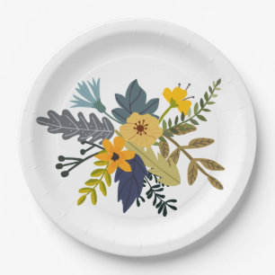 Gold, blue, purple bouquet of summer flowers  paper plate