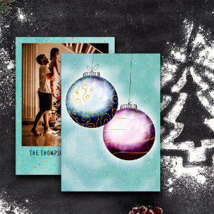 Gold Blue Purple Christmas Balls Family Photo Holiday Card