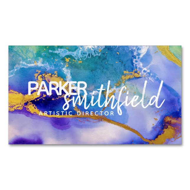 Gold Blue Purple Watercolor Magnetic Business Card (Front)