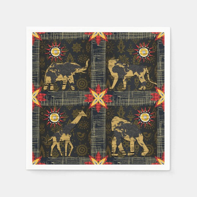 Gold Blue Red Safari World Map African Animals Napkin (Front)