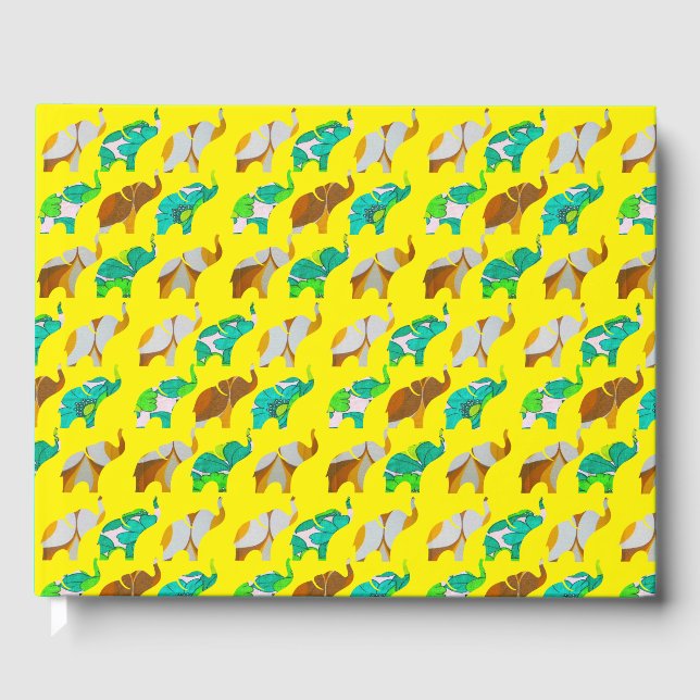 Gold & Blue Retro Elephants Guest Book (Front)
