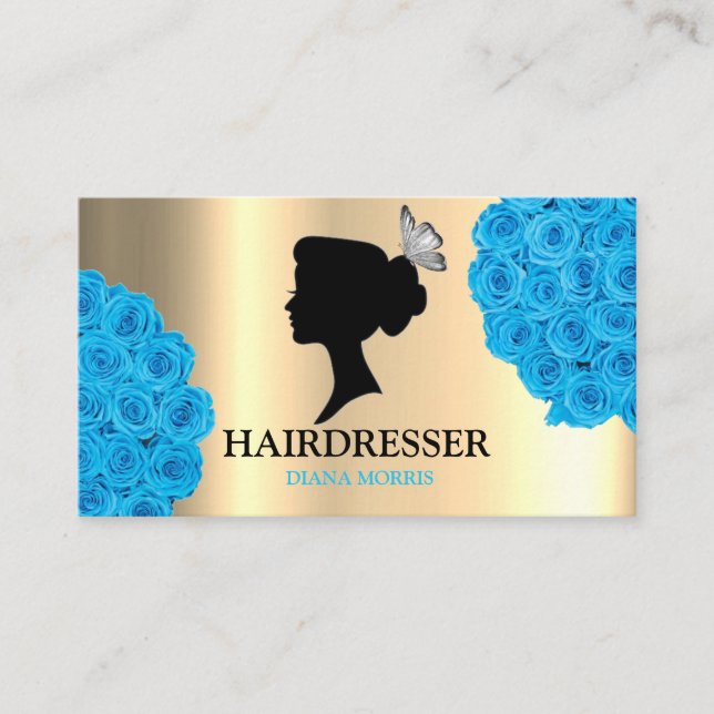 Gold Blue Roses Salon Hairdresser Beauty Salon Business Card (Front)