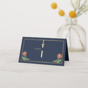 Gold Blue Royal Mediaeval Floral Sword Wedding  Place Card