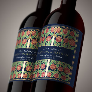Gold Blue Royal Mediaeval Floral Sword Wedding Wine Label