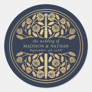 Gold Blue Royal Mediaeval Sword Wedding  Classic Round Sticker