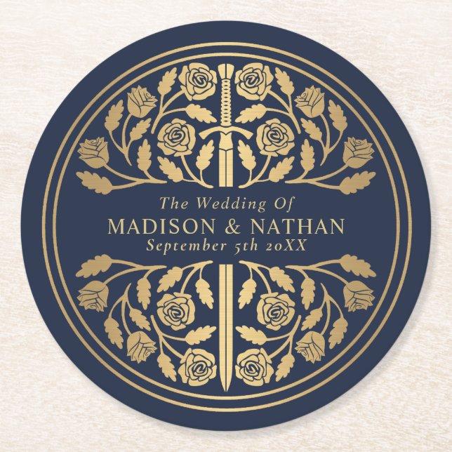 Gold Blue Royal Mediaeval Sword Wedding Round Paper Coaster (Front)