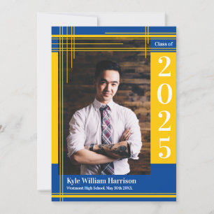 Gold Blue School Colour Graduation Photo Plaid Invitation
