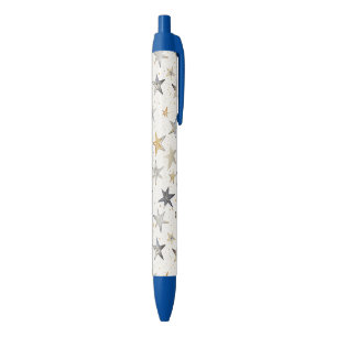 Gold Blue Silver Stars Black Ink Pen