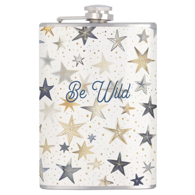 Gold Blue Silver Stars Hip Flask (Front)