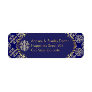 Gold, blue snowflake and frame wedding return address label