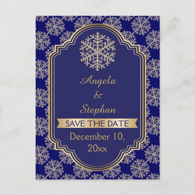 Gold, blue snowflake & frame wedding Save the Date Announcement Postcard (Front)