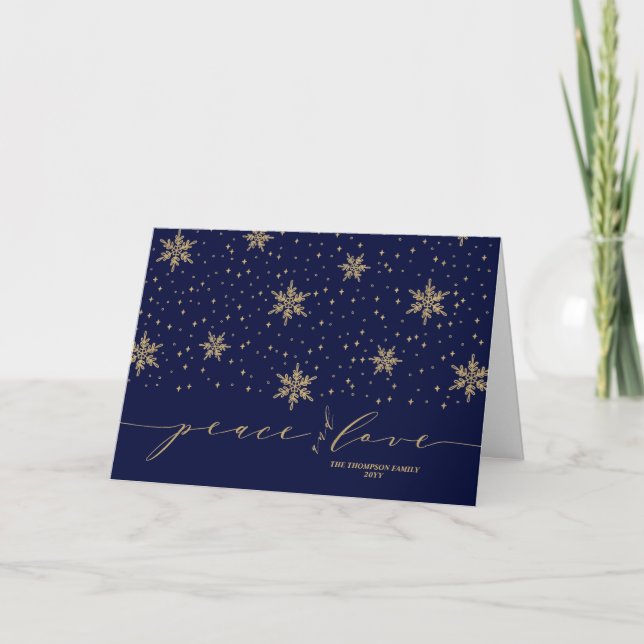 Gold & Blue Snowflakes Peace & Love Christmas Holiday Card (Front)