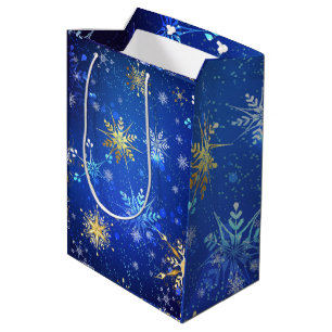 Gold Blue Snowflakes Xmas Christmas Medium Gift Bag