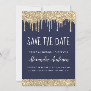 Gold Blue Sparkle Glitter Sweet 16 Save the Date Invitation