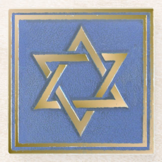 Gold Blue Star of David Art Panel Glass Coaster