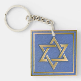 Gold Blue Star of David Art Panel  Key Ring